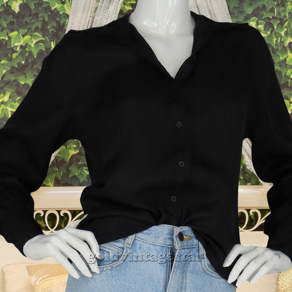 70s Vintage Colette Brezin Silk Black Minimalist Shirt L